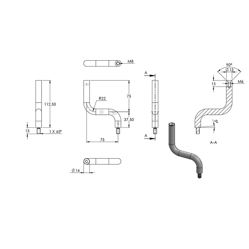 ø 14mm Bügel 2 x gebogen, mit M8 x 15mm Außengewinde unten und M6 x 20mm Innengewinde oben, Höhe: 112mm