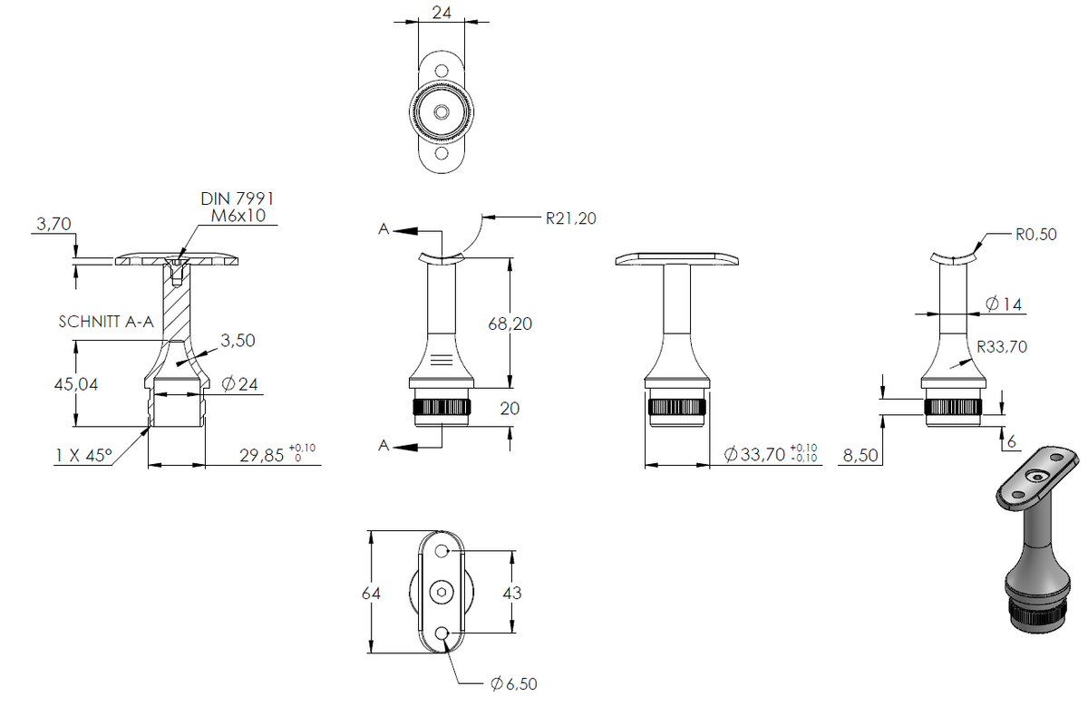 Handlaufstütze zum Einschlagen für ø 33,7 x 2,0mm Pfosten, mit Halteplatte für Handlauf ø 42,4mm