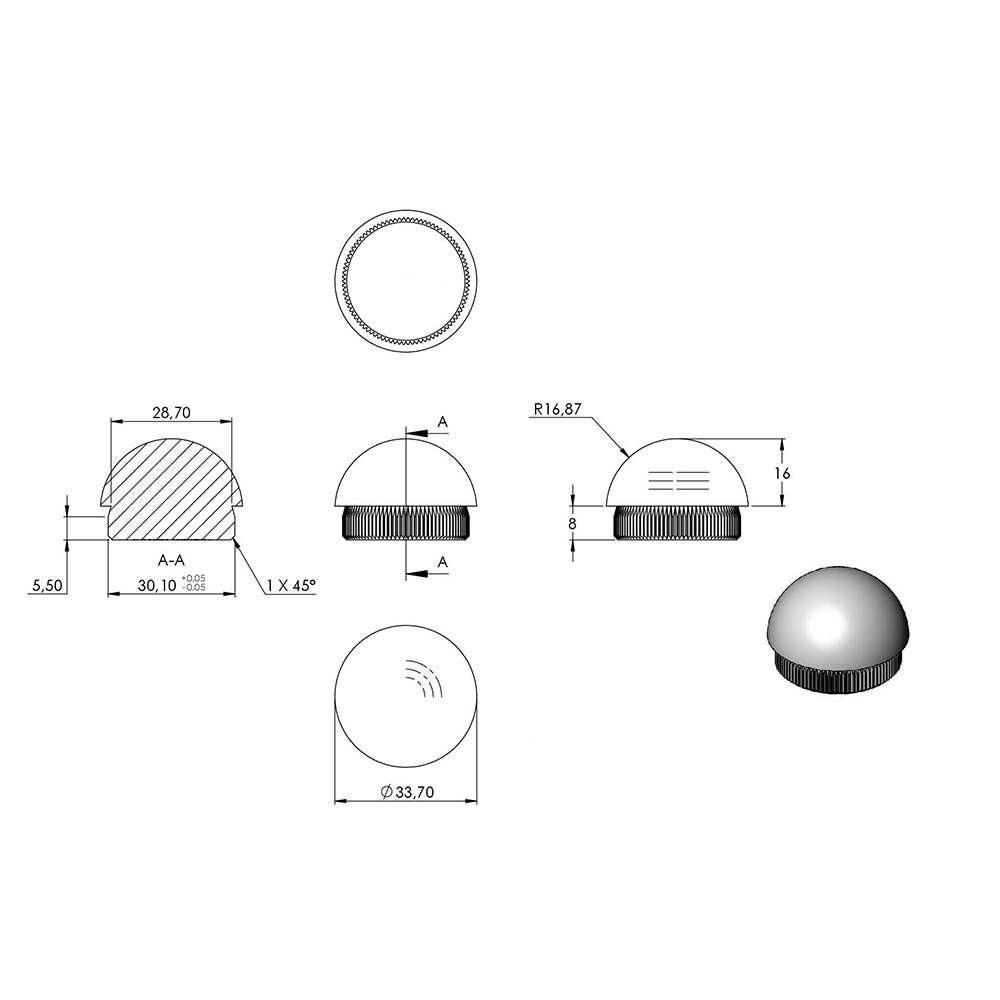 Endkappe halbrund, massiv, für Rohr ø 33,7 x 2,0mm, zum Einschlagen