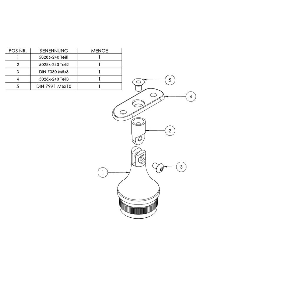 Handlaufstütze mit Gelenk zum Einschlagen für ø 42,4 x 2,0mm Pfosten, mit Halteplatte für Handlauf ø 42,4mm