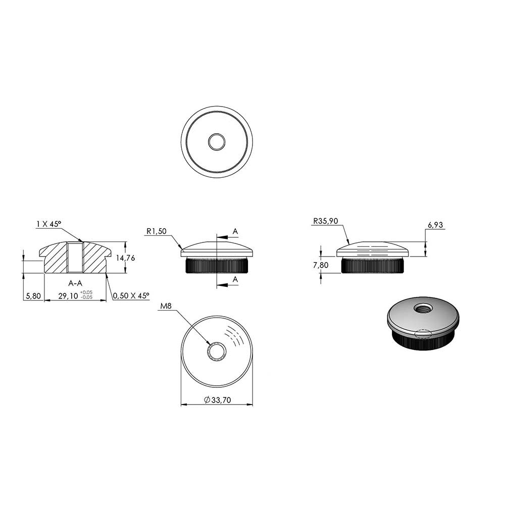 Endkappe leicht gewölbt mit M8 Innengewinde, massiv, für Rohr ø 33,7 x 2,6mm, zum Einschlagen