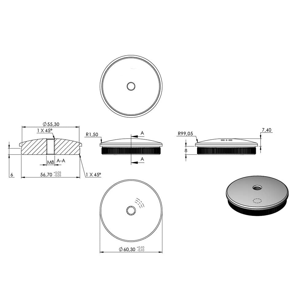 Endkappe leicht gewölbt mit M8 Innengewinde, massiv, für Rohr ø 60,3 x 2,0mm, zum Einschlagen