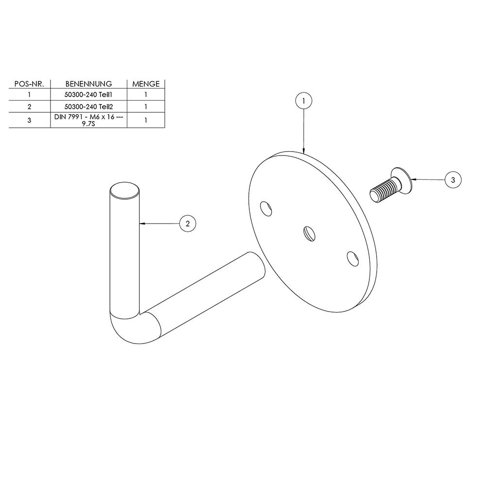 Handlaufhalter zur Wandbefestigung mit verschraubter Ronde 70 x 4mm, zum Anschweißen