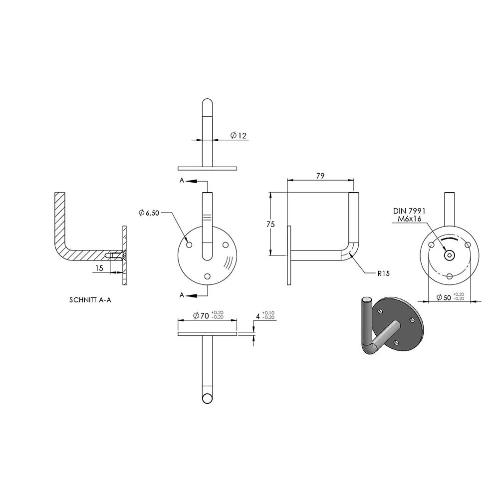 Handlaufhalter zur Wandbefestigung mit verschraubter Ronde 70 x 4mm, zum Anschweißen, mit 3 Bohrungen