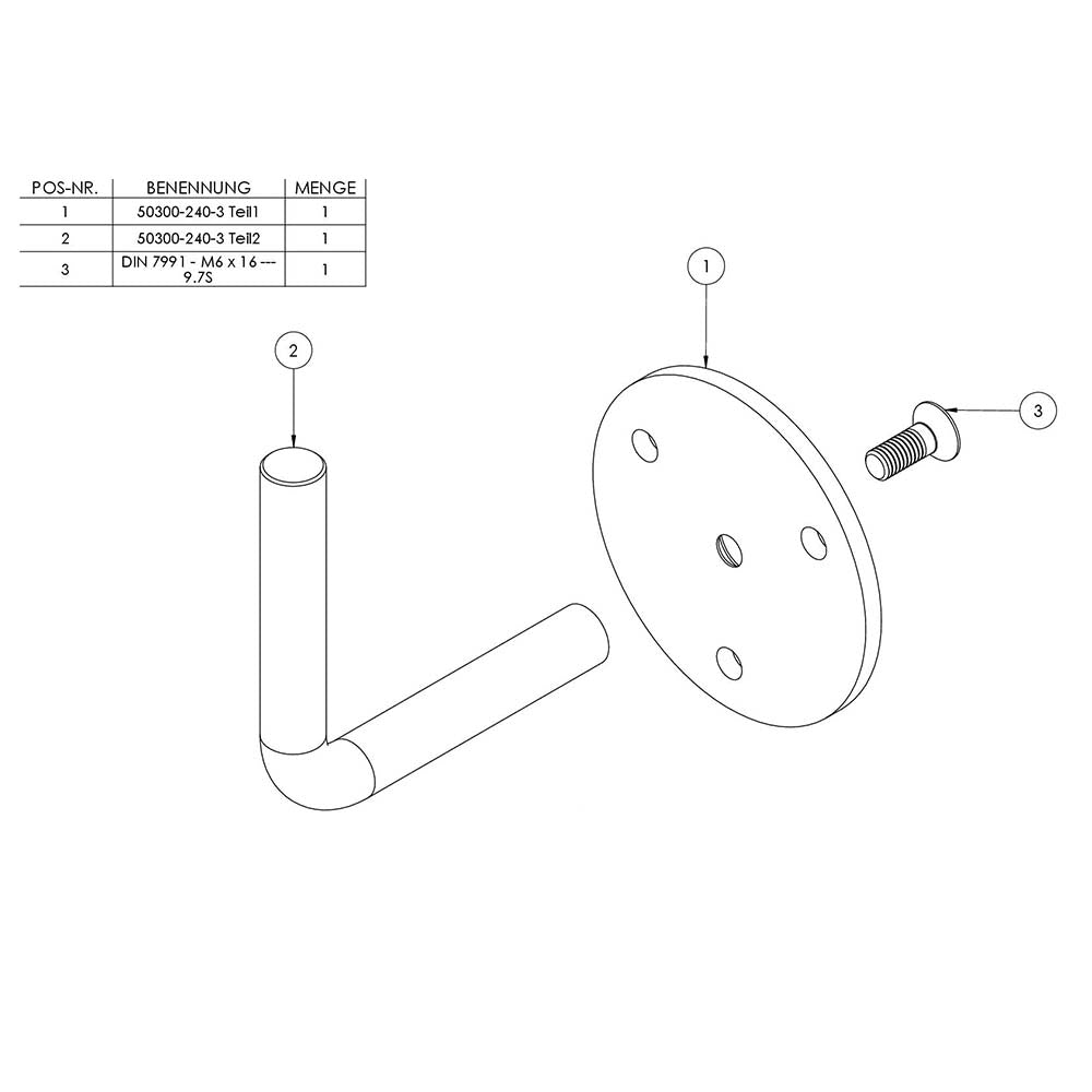 Handlaufhalter zur Wandbefestigung mit verschraubter Ronde 70 x 4mm, zum Anschweißen, mit 3 Bohrungen