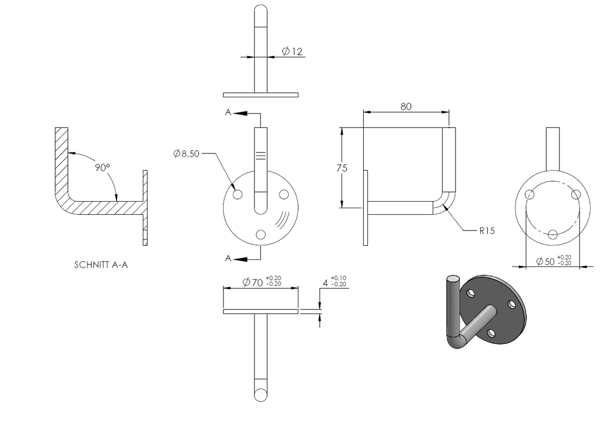 Handlaufhalter zur Wandbefestigung mit verschweißter Ronde 70 x 4mm mit drei ø 8,5mm Bohrungen, zum Anschweißen