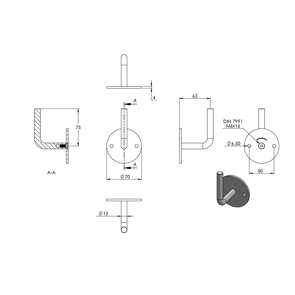 Handlaufhalter zur Wandbefestigung mit verschraubter Ronde 70 x 4mm, Wandabstand 62mm, zum Anschweißen