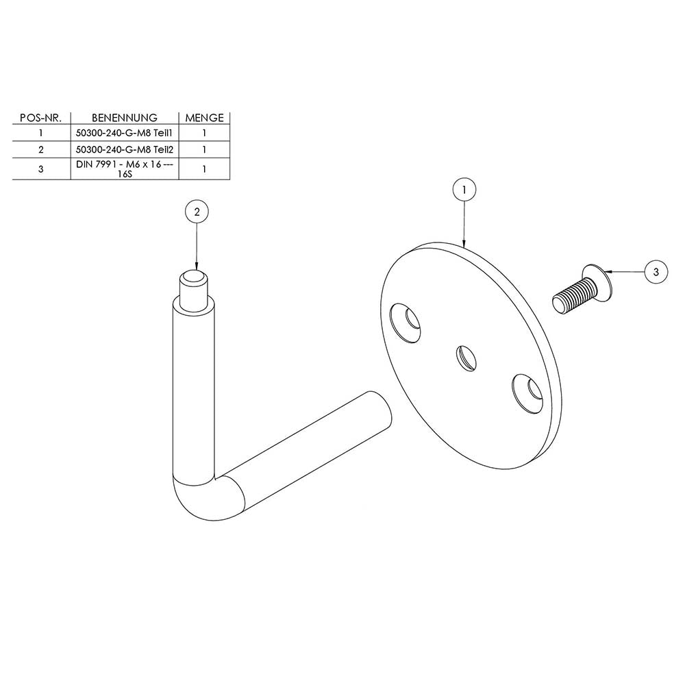 Handlaufhalter zur Wandbefestigung, mit verschraubter Ronde 70 x 4mm, mit Außengewinde M8