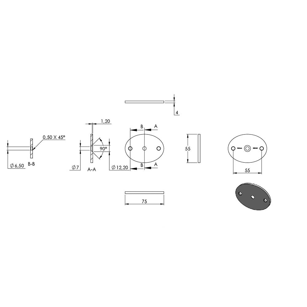 Handlaufhalter zur Wandbefestigung mit verschraubter Ronde 75x55x4mm, zum Anschweißen