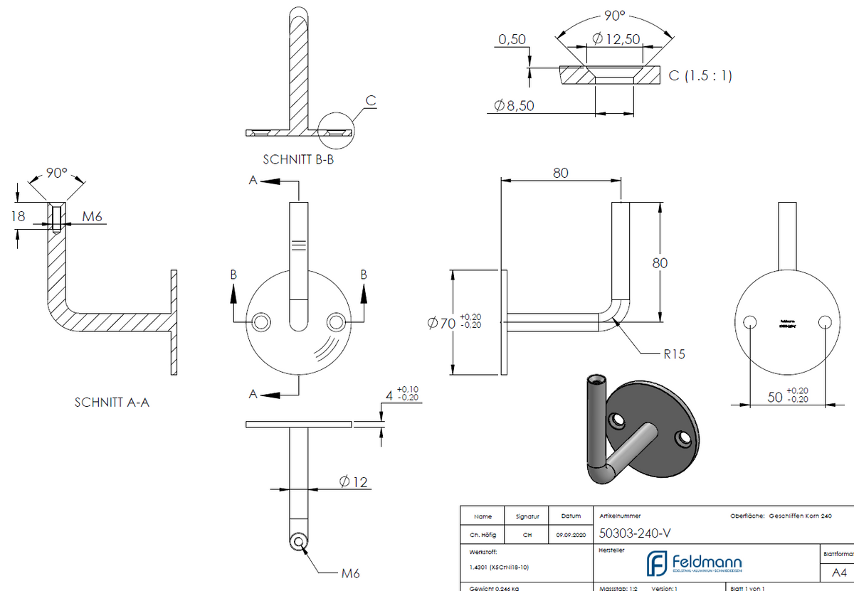Handlaufhalter zur Wandbefestigung, mit verschweißter Ronde 70 x 4mm, mit Innengewinde M6