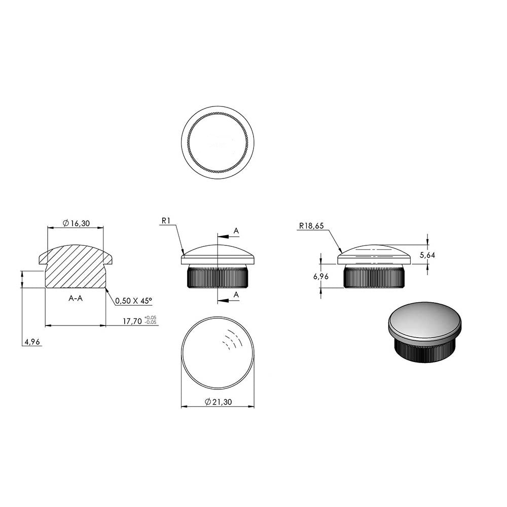 Endkappe leicht gewölbt, massiv, für Rohr ø 21,3 x 2,0mm, zum Einschlagen