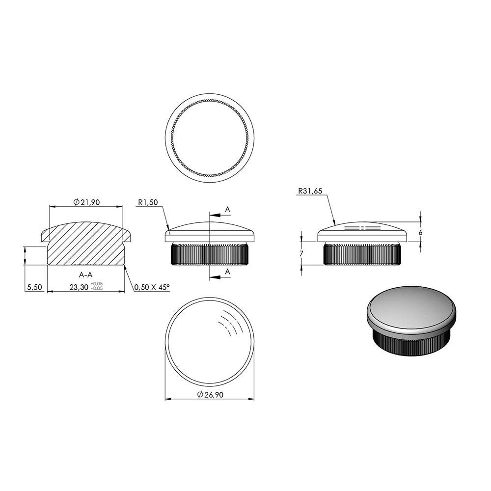 Endkappe leicht gewölbt, massiv, für Rohr ø 26,9 x 2,0mm, zum Einschlagen
