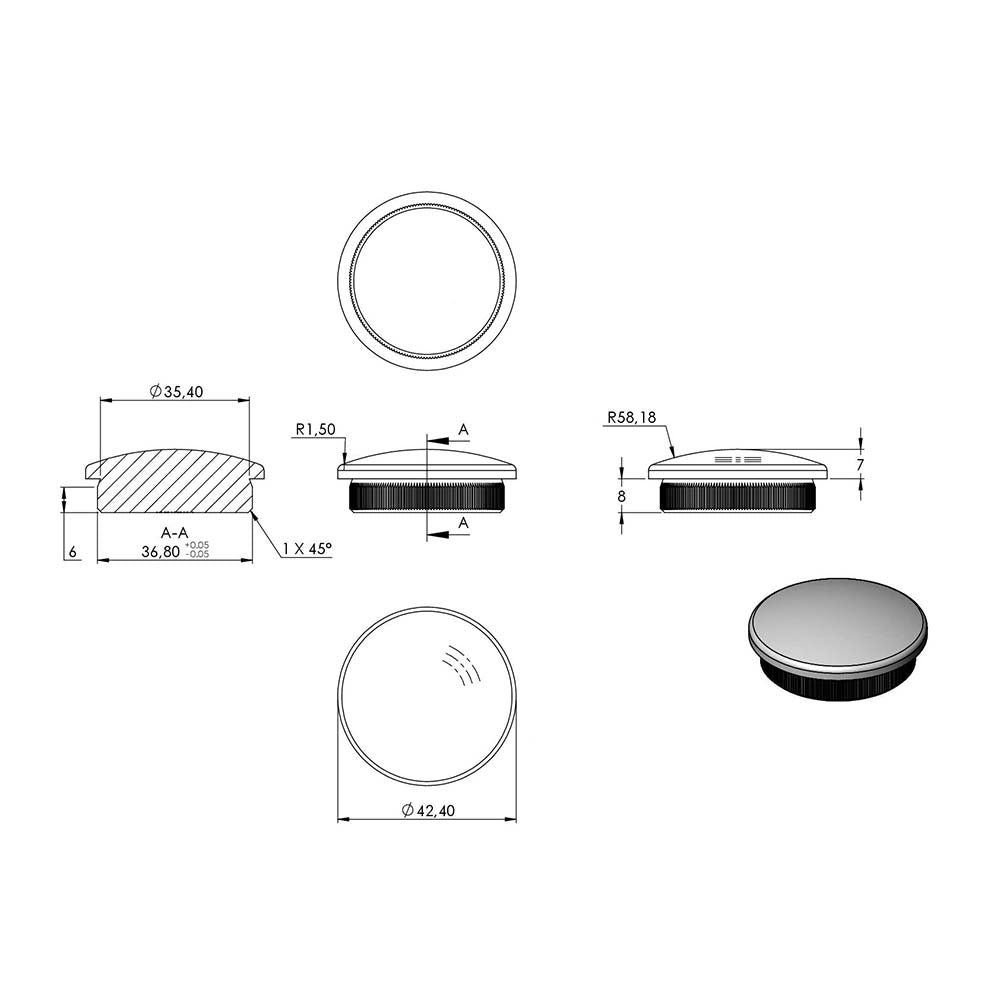Endkappe leicht gewölbt, massiv, für Rohr ø 42,4 x 3,0mm, zum Einschlagen