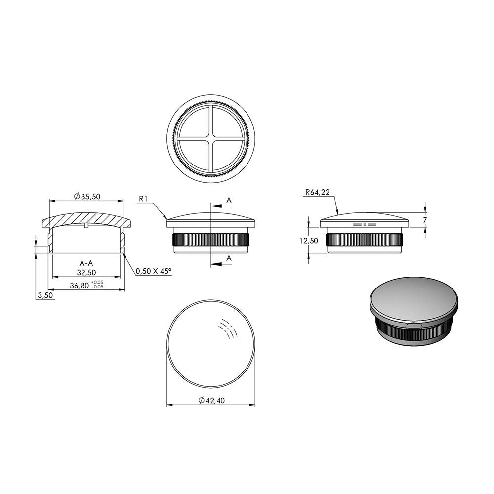 Endkappe leicht gewölbt, hohl, für Rohr ø 42,4 x 3,0mm, zum Einschlagen