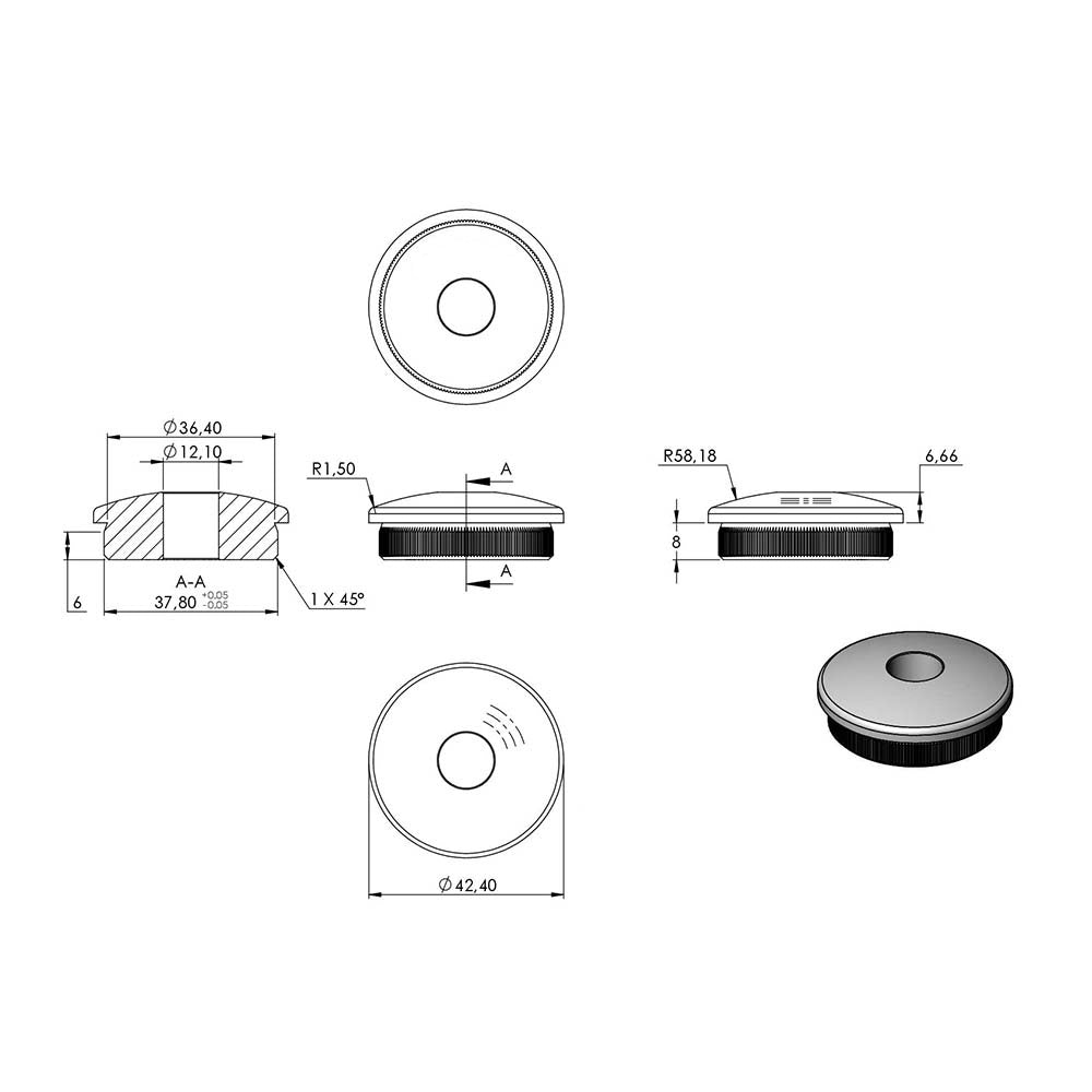 Endkappe leicht gewölbt mit ø 12,1mm Bohrung, massiv, für Rohr ø 42,4 x 2,6mm, zum Einschlagen
