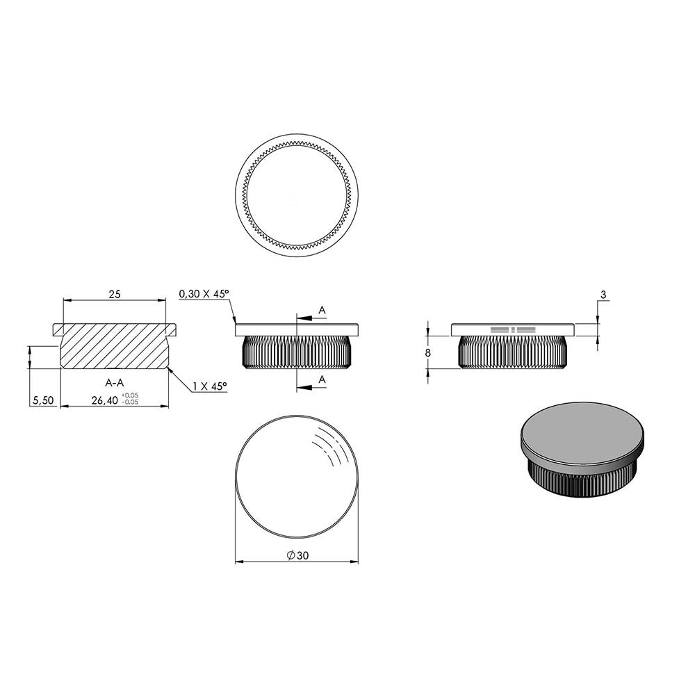 Endkappe flach, massiv, für Rohr ø 30,0 x 2,0mm, zum Einschlagen