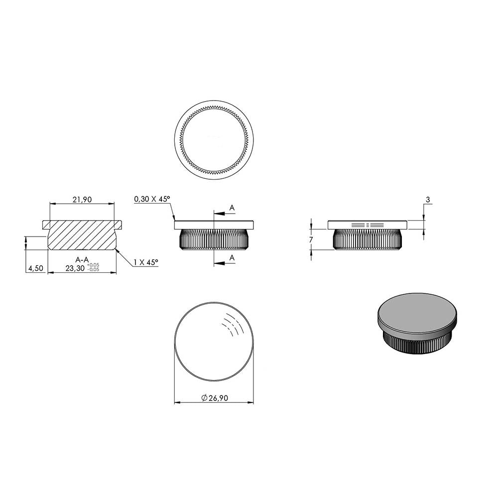 Endkappe flach, massiv, für Rohr ø 26,9 x 2,0mm, zum Einschlagen