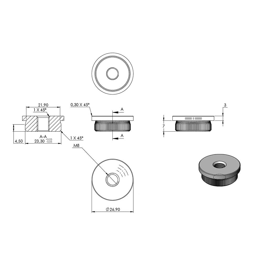 Endkappe flach mit M8 Innengewinde, massiv, für Rohr ø 26,9 x 2,0mm, zum Einschlagen