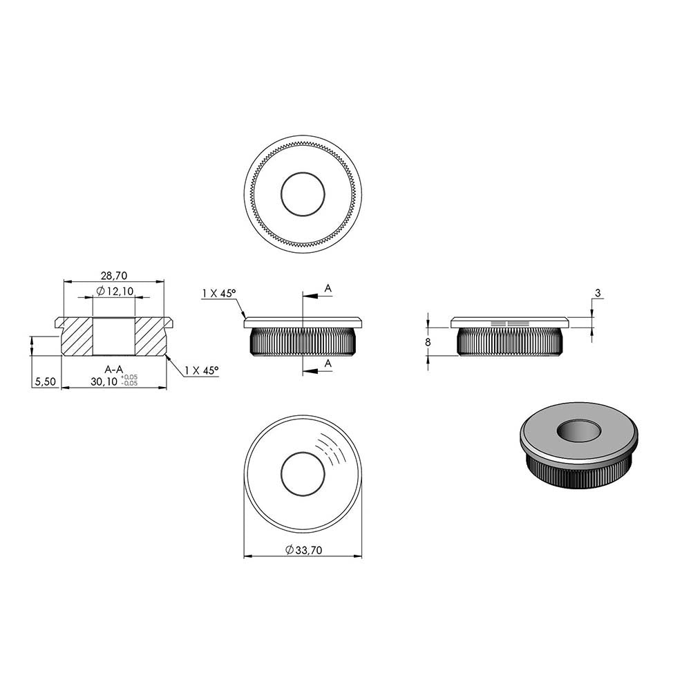 Endkappe flach mit ø 12,1mm Bohrung, massiv, für Rohr ø 33,7 x 2,0mm, zum Einschlagen