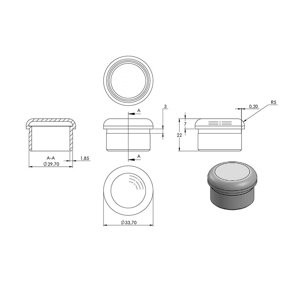 Einklebkappe flach, hohl, für Rohr ø 33,7 x 2,0mm, zum Einkleben