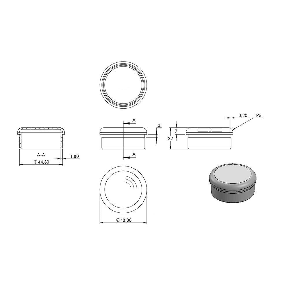 Einklebkappe flach, hohl, für Rohr ø 48,3 x 2,0mm, zum Einkleben