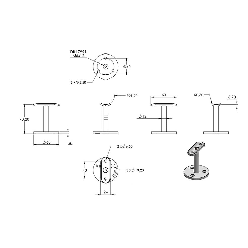 Handlaufstütze gerade mit 60 x 5mm Ronde, für ø 42,4mm Rohr
