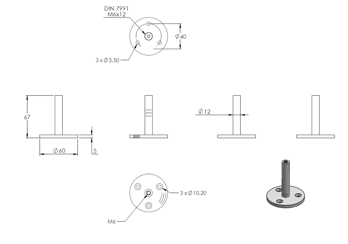 Handlaufstütze gerade mit 60 x 5mm Ronde, mit M6 Innengewinde