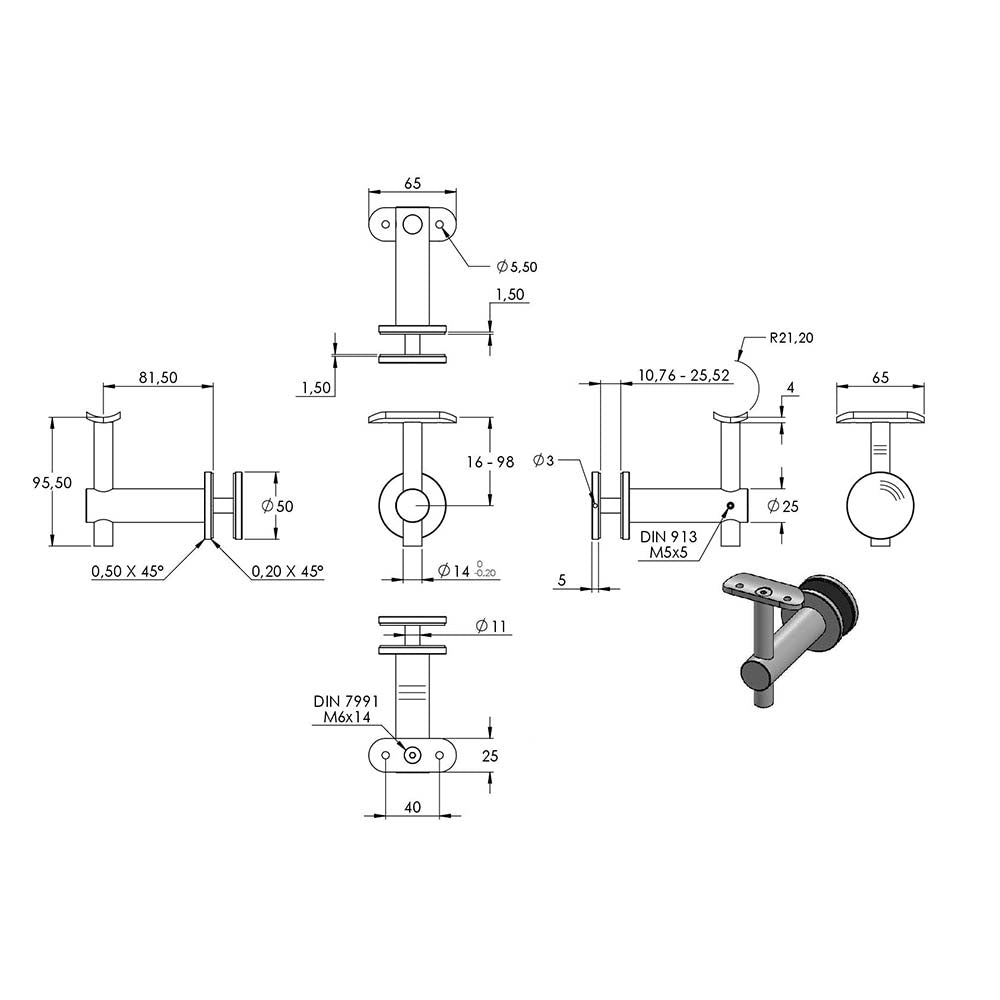 Handlaufhalter zur Glasbefestigung mit maximaler Glasstärke von 25,52mm, für ø 42,4 mm Rohr