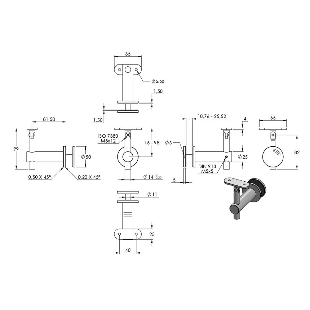 Handlaufhalter flexibel zur Glasbefestigung mit maximaler Glasstärke von 25,52mm, für Vierkant-Rohr