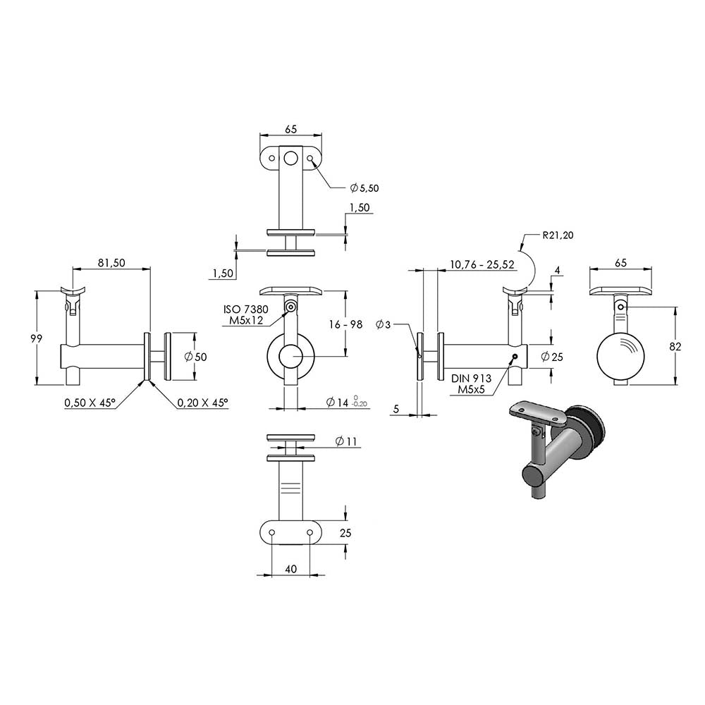 Handlaufhalter flexibel zur Glasbefestigung mit maximaler Glasstärke von 25,52mm, für ø 42,4 mm Rohr