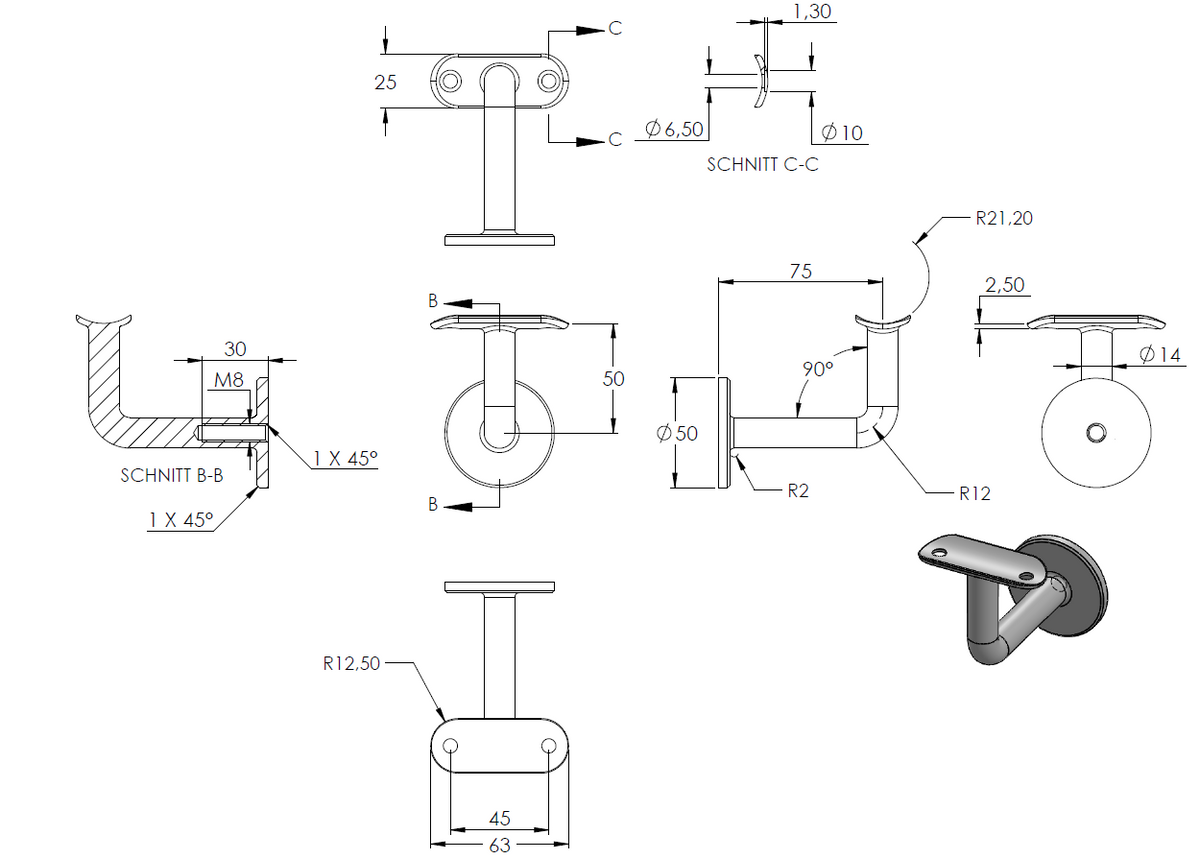 Handlaufhalter zur Glasbefestigung mit maximaler Glasstärke von 21,52mm, für Rohr ø 42,4mm