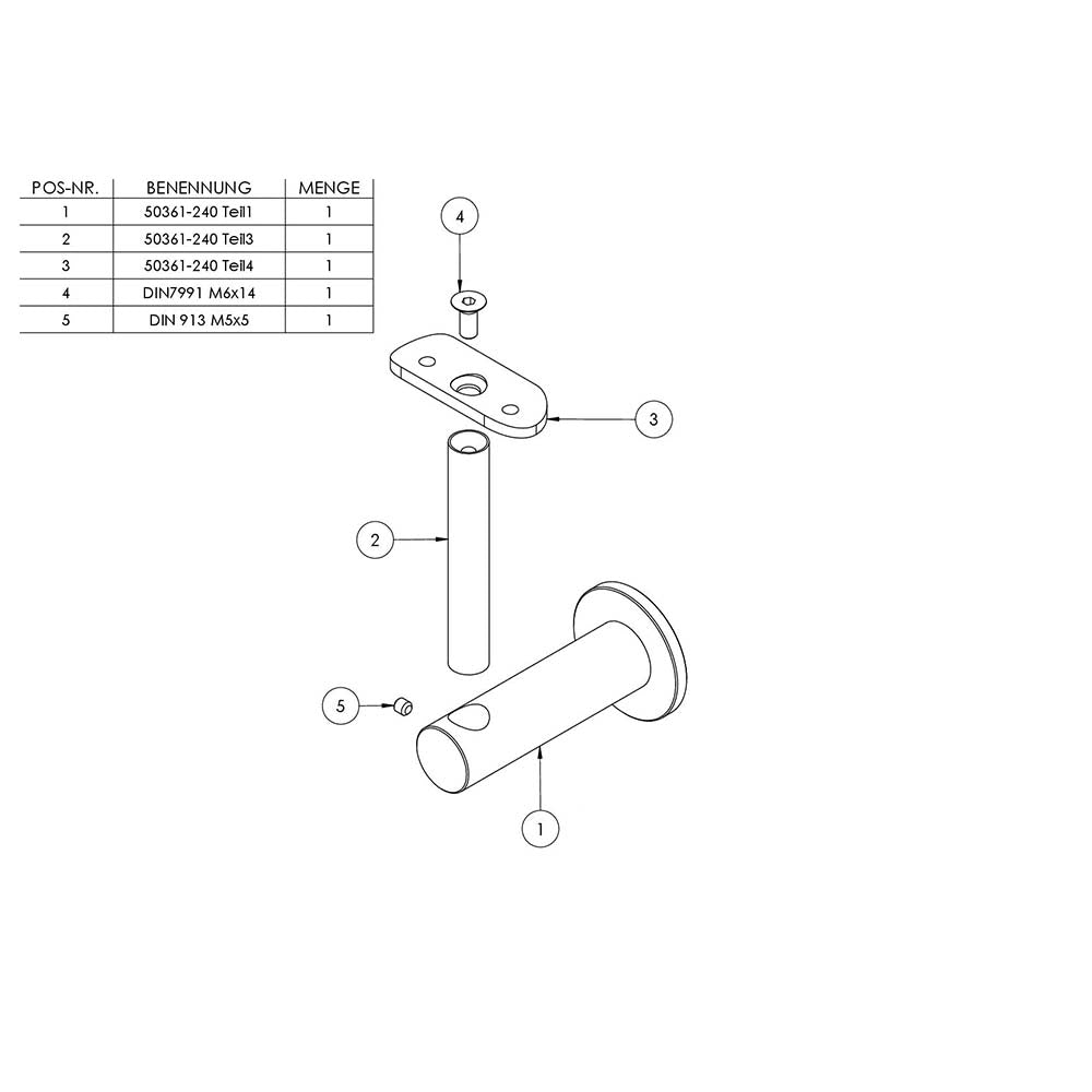 Handlaufhalter zur Wandbefestigung, mit ø 25mm Bügel und ø 14mm Stift, für ø 42,4 mm Rohr, mit M8 Innengewinde