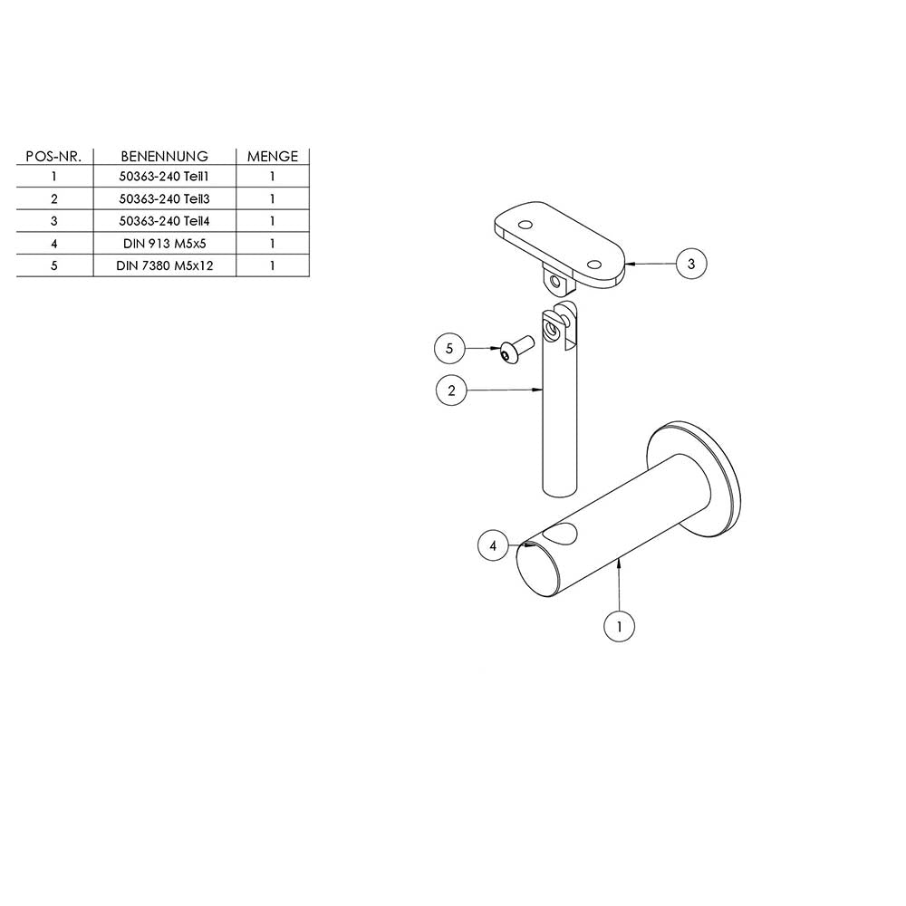 Handlaufhalter flexibel zur Wandbefestigung, mit ø 25mm Bügel und ø 14mm Stift, für ø 42,4 mm Rohr, mit M8 Innengewinde