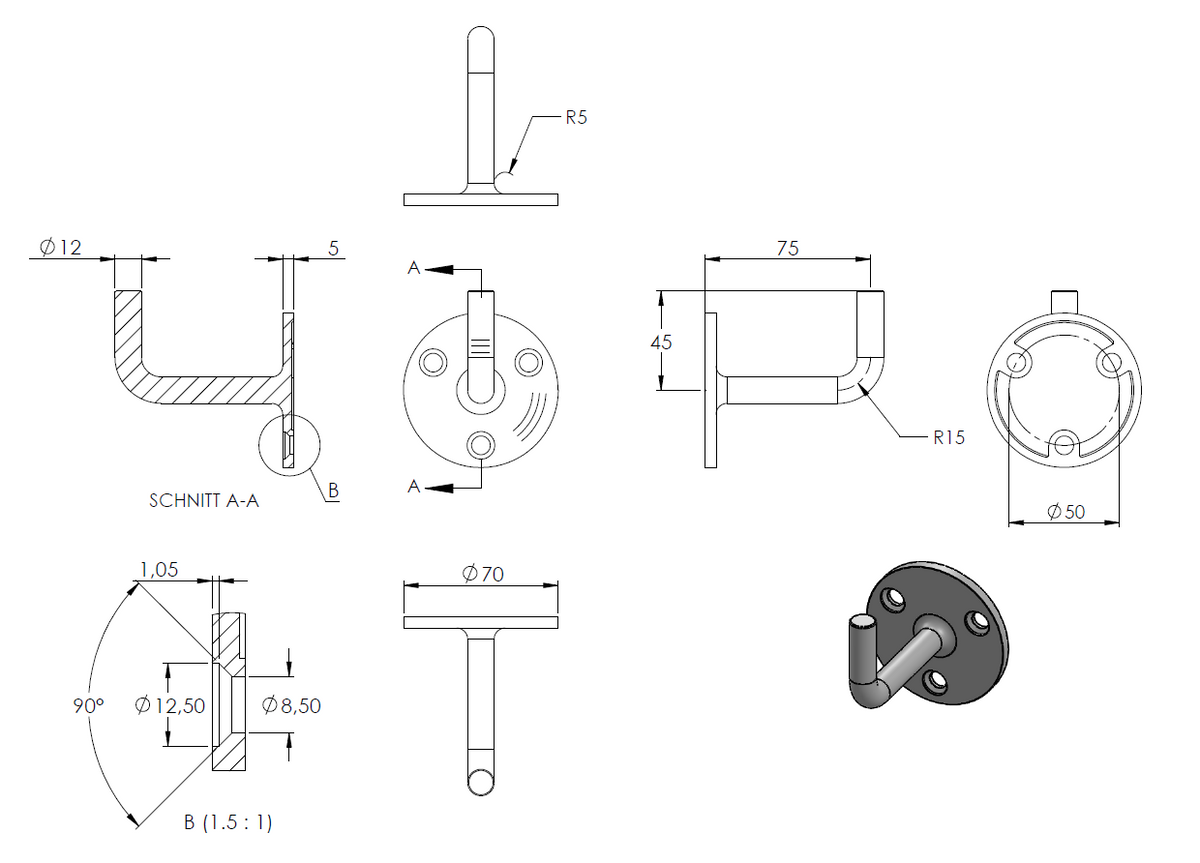Handlaufhalter zur Wandbefestigung mit verschweißter Ronde 70 x 4mm, Wandabstand 75mm, zum Anschweißen