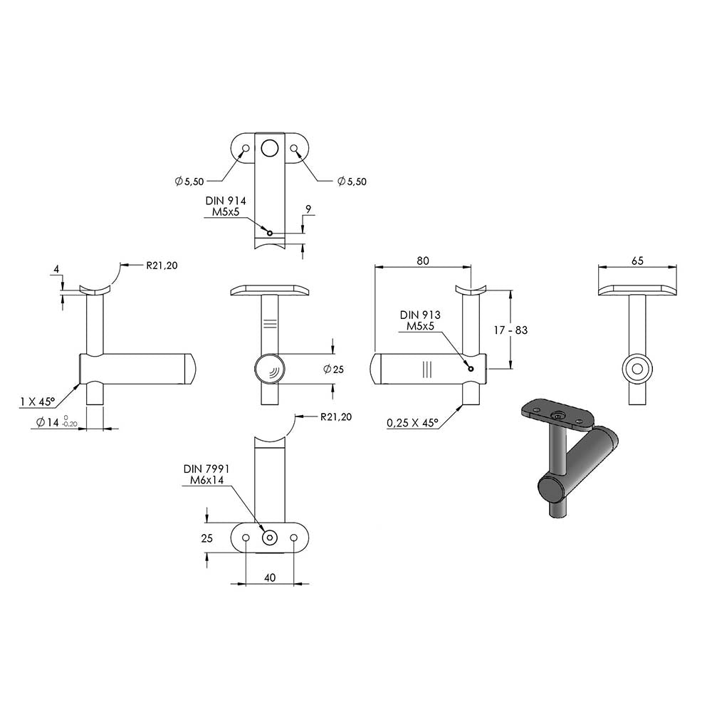 Handlaufhalter zur Pfostenbefestigung, für ø 42,4mm Pfosten an ø 42,4mm Rohr