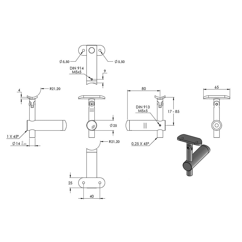 Handlaufhalter flexibel zur Pfostenbefestigung, für ø 42,4mm Pfosten an ø 42,4mm Rohr