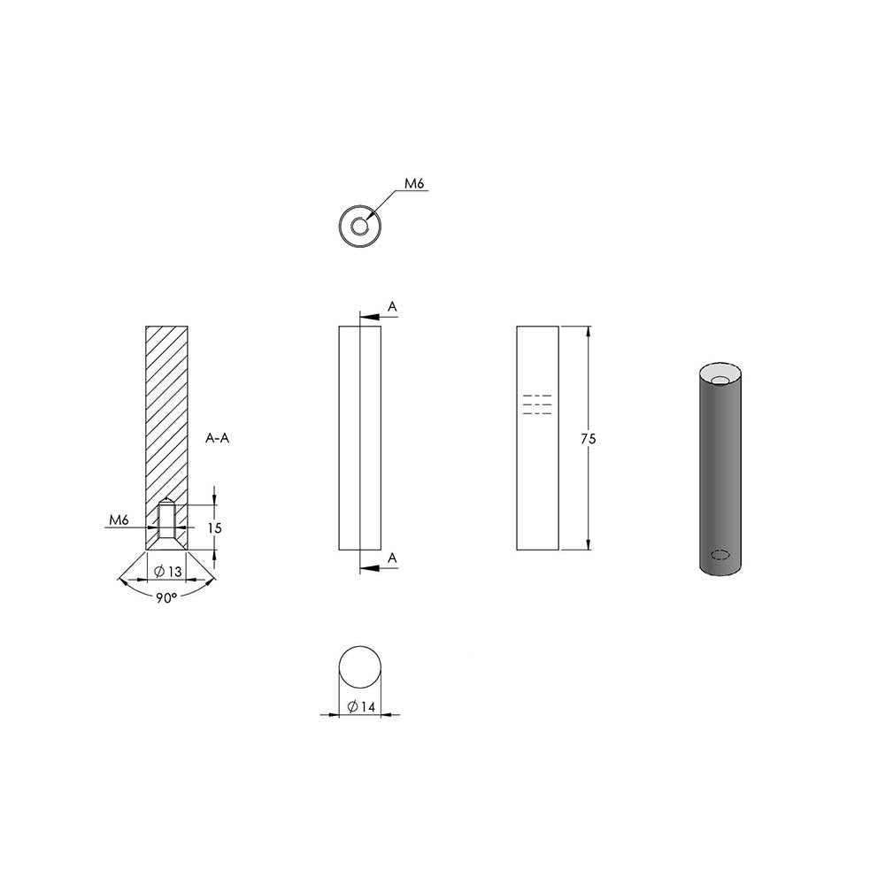 ø 14mm Stift, zum Anschweißen unten und M6 x 15mm Innengewinde oben, Länge 75mm