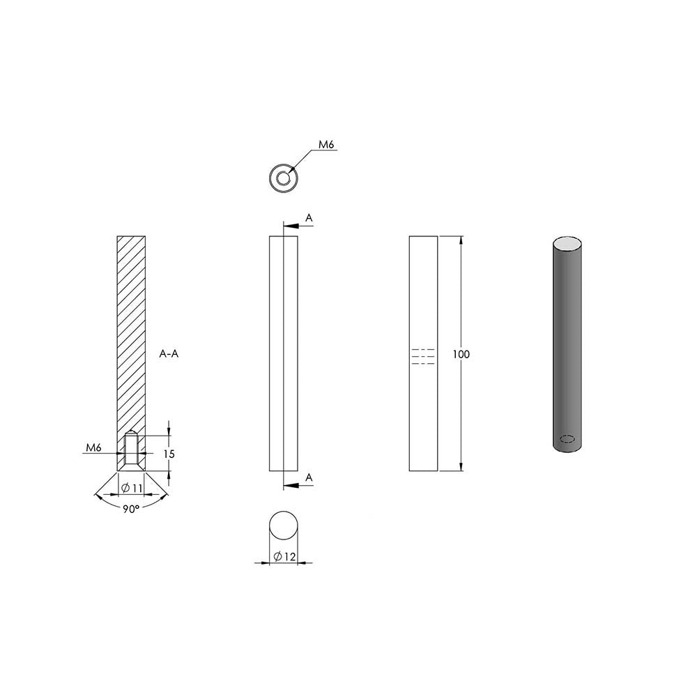 ø 12mm Stift, zum Anschweißen unten und M6 x 15mm Innengewinde oben, Länge 100mm