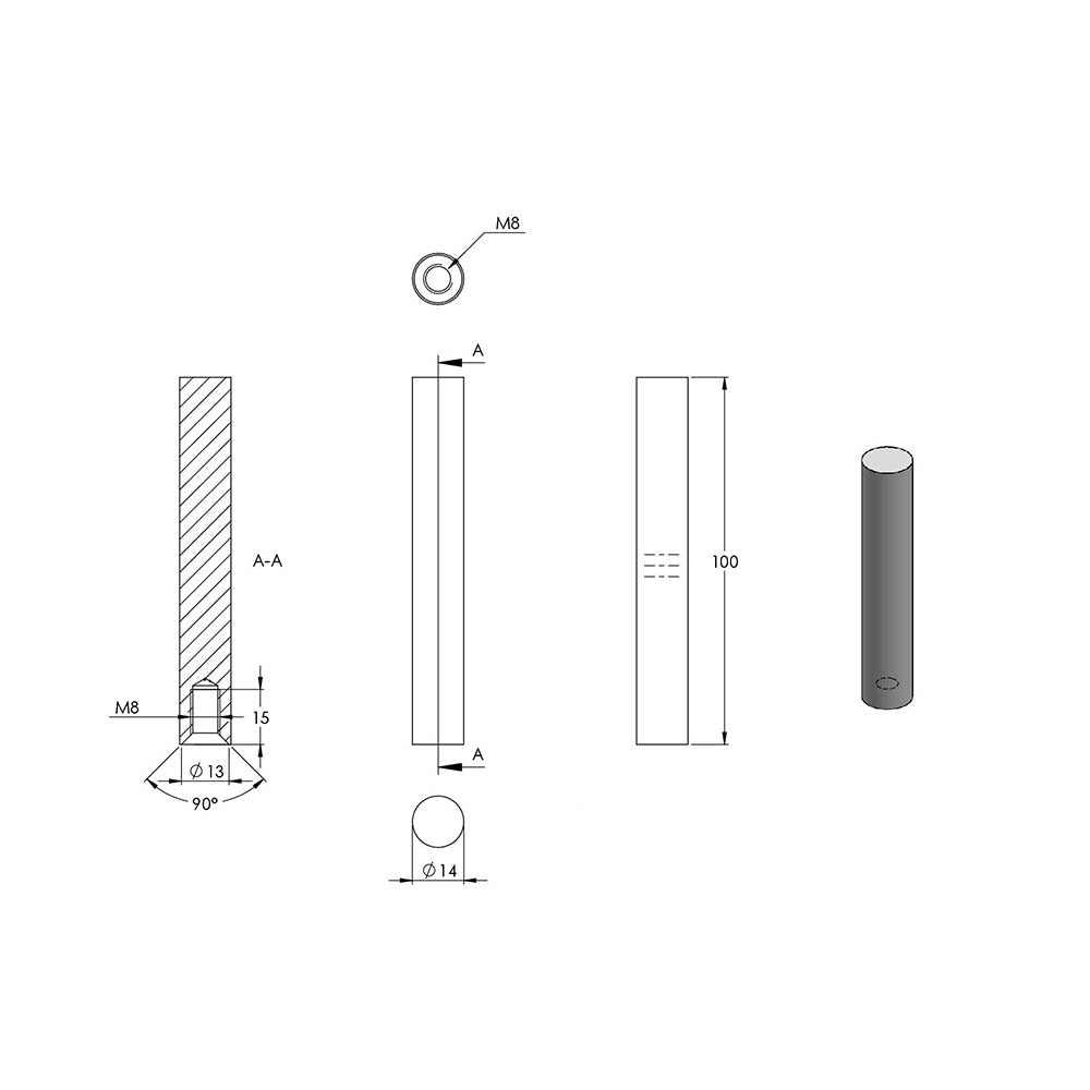 ø 14mm Stift, mit M8 x 15mm Innengewinde unten und zum Anschweißen oben, Länge 100mm