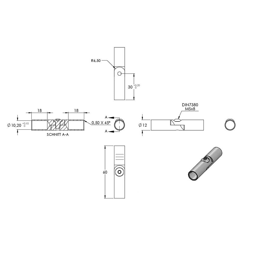 Stab-Verbindungsstück ø 13,5mm, flexibel, für Stab ø 10 mm, zum Kleben