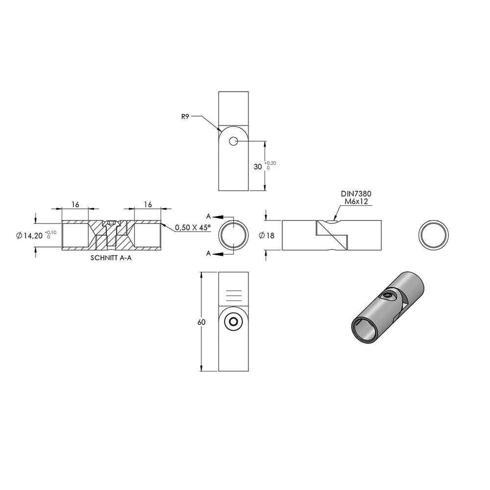 Stab-Verbindungsstück ø 18mm, flexibel, für Stab ø 14 mm, zum Kleben