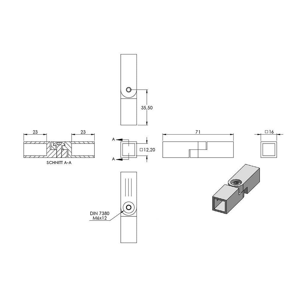 Stab-Verbindungsstück 16 x 16mm, flexibel, für Vierkant-Stab 12 x 12mm, zum Kleben