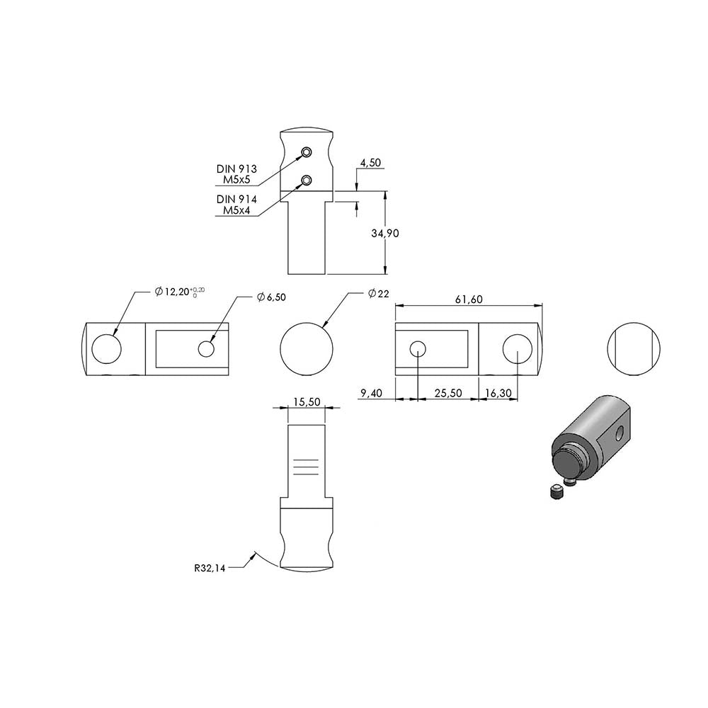 Querstabhalter zur Montage zwischen 2 Flacheisen, für Stab ø 12 mm