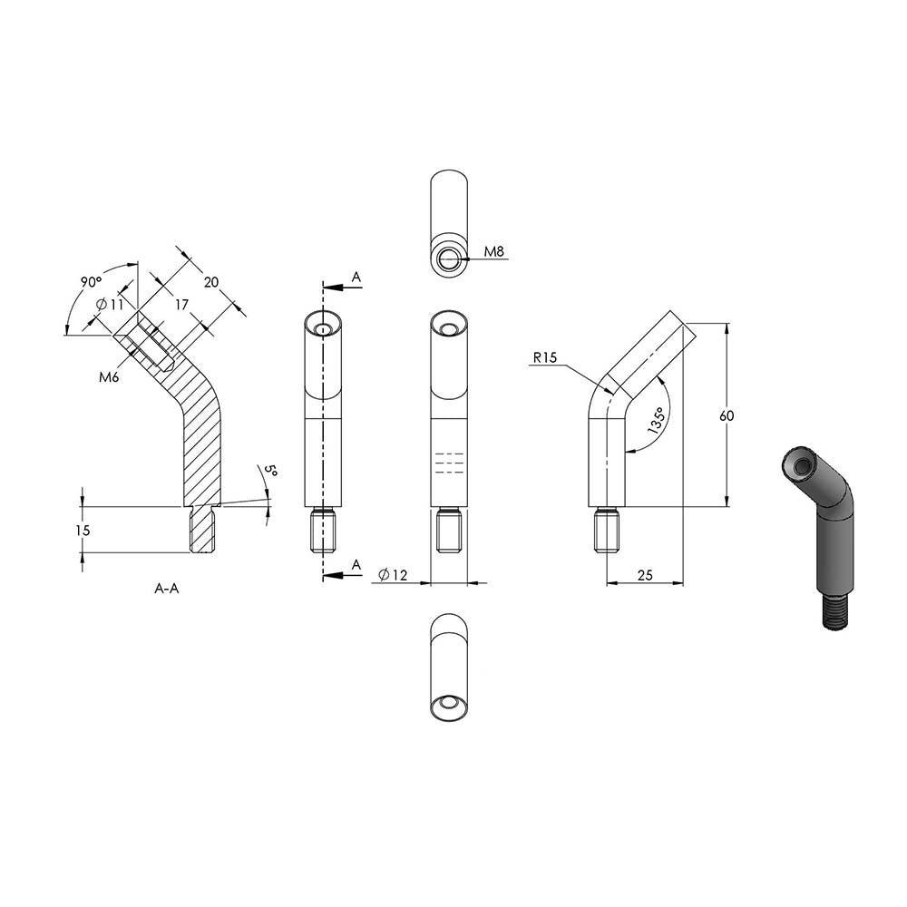 ø 12mm Stift 135° gebogen, mit M8 x 15mm Außengewinde unten und M6 x 20mm Innengewinde oben