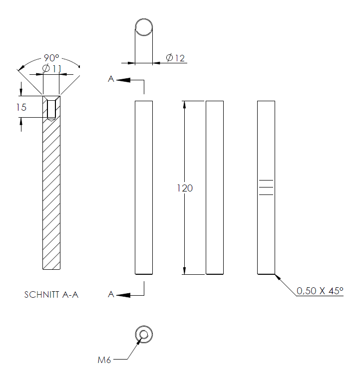 ø 12mm Stift, zum Anschweißen unten und M6 x 15mm Innengewinde oben, Länge 120mm