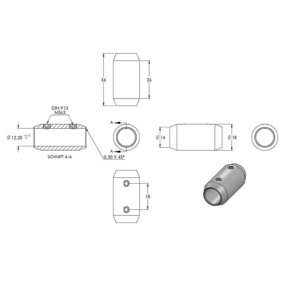 Stab-Verbindungsstück, Durchmesser ø 18mm, für Stab ø 12 mm