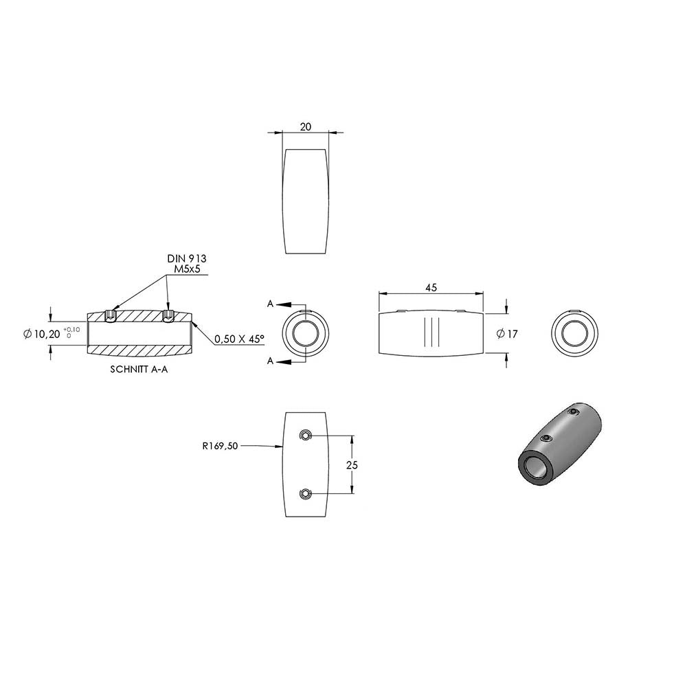 Verbindungsstück lang, Durchmesser ø 20mm, für Stab ø 10 mm