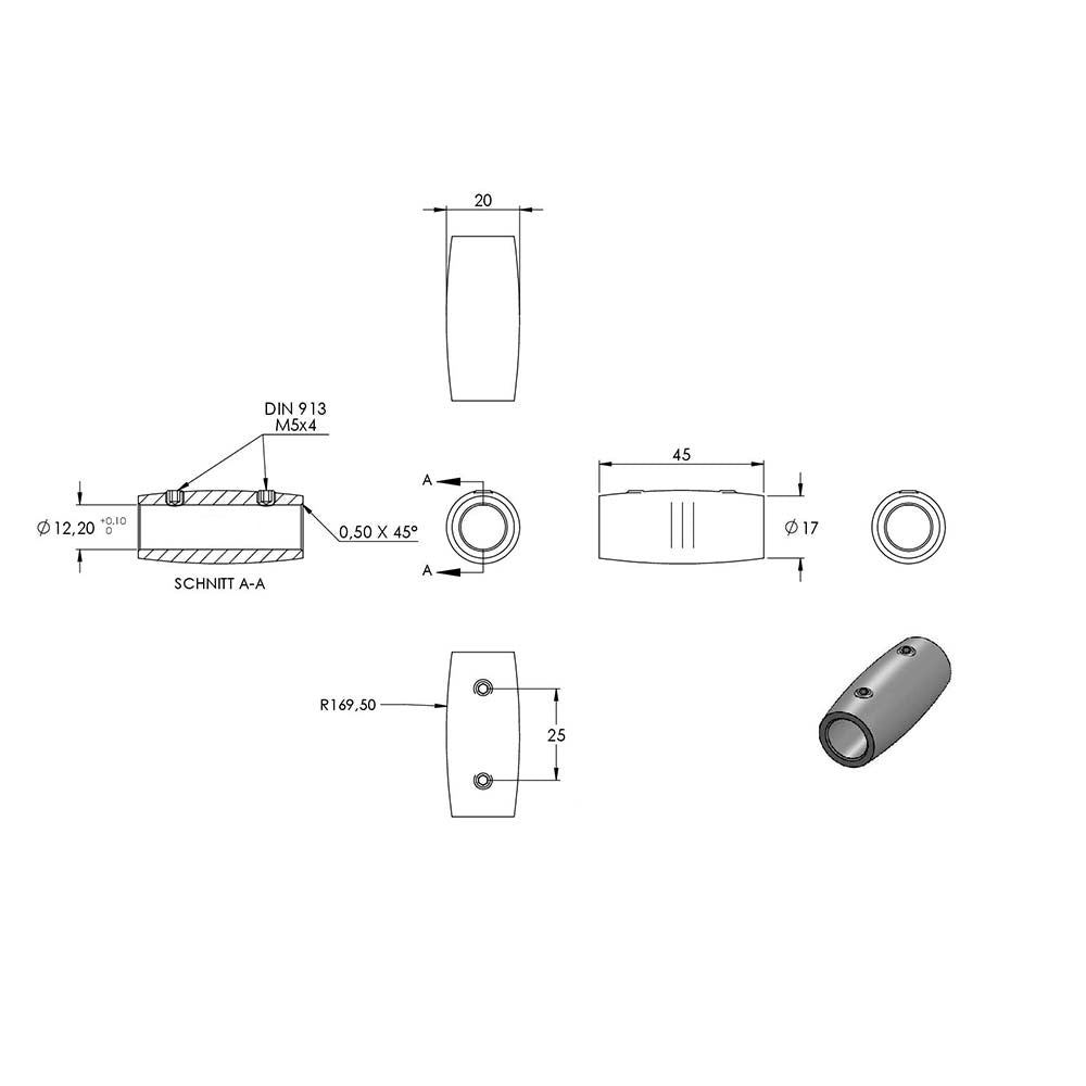 Verbindungsstück lang, Durchmesser ø 20mm, für Stab ø 12 mm