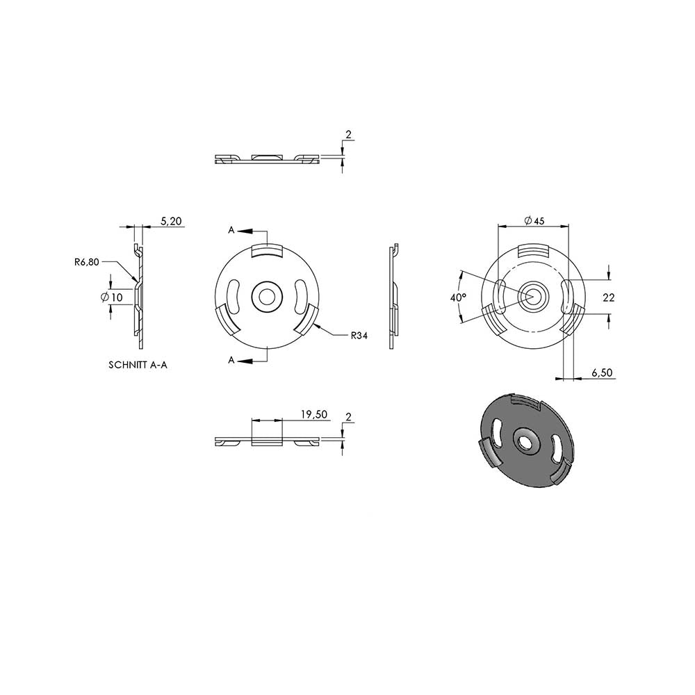 Handlaufhalter zur Wandbefestigung inkl. Cliprosette 70 x 12mm, für Rohr ø 42,4mm, mit Langlöchern