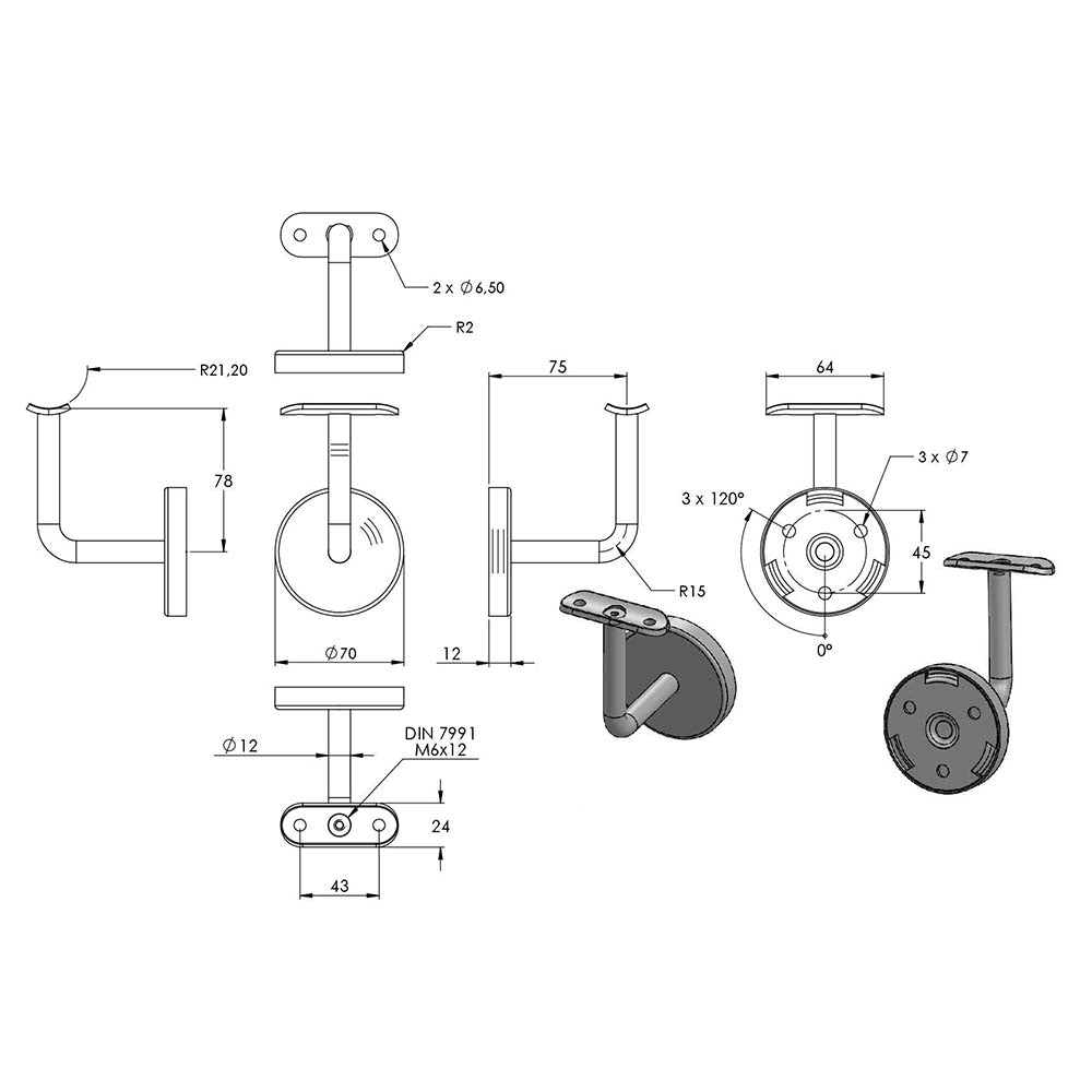 V4A Handlaufhalter zur Wandbefestigung inkl. Cliprosette 70 x 12mm, für Rohr ø 42,4mm
